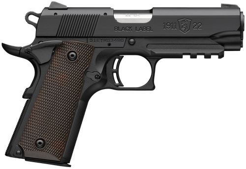 Browning 1911-22 Black Label Compact 22 LR, 3.63" Stainless Barrel, Black Slide & Frame, Picatinny Rail, Brown Composite Grips, 10rd