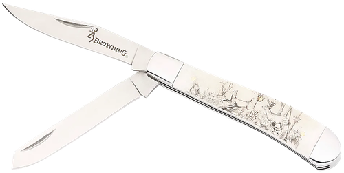 Browning Trapper Whitetail Folding Clip Point/Spey Plain Satin 12C27 Sandvik SS Blade, Engraved Wildlife Scene Natural Bone Handle, Box Packaging