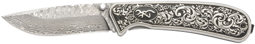 Browning Grand Pass 3.50" Drop Point Damascus Blade, Engraved Stainless Steel Handle