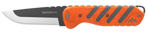 Outdoor Edge Razor HTX, Fixed Blade Knife, Plain Edge, 3.5" Blade Length, Includes (3) Drop Point Blades, (2) Black Bone Blades, (1) Gutting Blade, (1) Saw Blade Pod, Matte Finish, Orange & Gray Rubberized Aluminum Handle