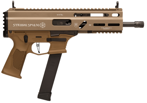 Grand Power Stribog SP9A3G 9mm, 8" Threaded Barrel, Non-Reciprocating Charging Handle, M-Lok Rail, Takes Glock mags, Flat Dark Earth, 33rd, 3 mags, Plastic Hard Case