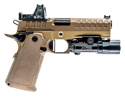 WATCHTOWER Firearms Apache Commander, 1911, Commander Size, 9mm, 4.25" Threaded Barrel with Compensator, DLC Finish, Flat Dark Earth, Optics Ready, Fiber Optic Front Sight, (3)-15rd mags