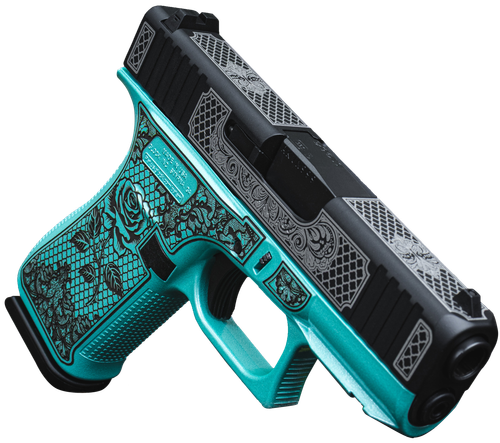 Glock 43X 9mm 10rd, 3.41" Black GMB Barrel Black White Scroll Cerakote Serrated Steel Slide, Tiffany Blue Lace Rose Cerakote Polymer & Grip