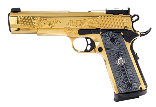 Girsan 1911 Gold 38 Super, 5" Barrel, PVD, Gold Engraved Slide-Frame, Engraved Pearl Grips, Leather Travel Case, 9rd