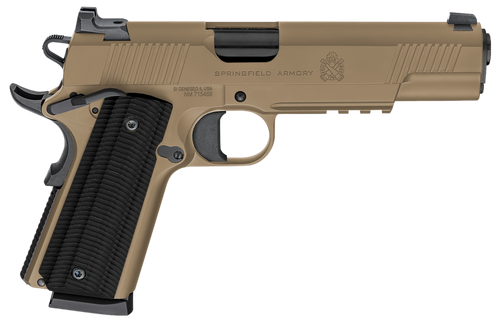 Springfield 1911 Operator AOS Gear Up Pkg 45 ACP 5" Match Grade Barrel, Coyote Brown Cerakote Optic Ready/Serrated Slide & Frame, Black G10 Grip, 4 Mags & Case