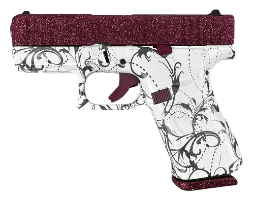 Glock 43X Slim Sub-Compact 9mm 10+1 3.41" Barrel, Black Cherry Glitter Cerakote Steel Serrated Slide, Black & White Paisley Polymer Frame w/Picatinny Rail, Textured Polymer Grip, Ambi