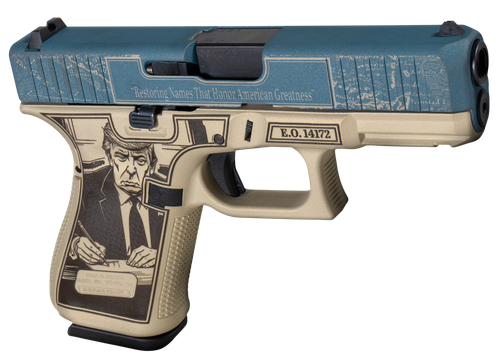 Glock G19 Gen 5 Gulf of America Compact Frame 9mm 15rd,4.02" Black GMB Barrel, Distressed Blue Steel Serrated Slide, Tan Trump Polymer Frame Picatinny Rail, Ambidextrous