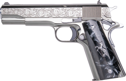 CNC Colt 1911 War Horse 45 ACP 7rd 5" Stainless Steel Barrel, Black Chrome Engraving Stainless Steel Slide, Black Chrome Plated Stainless Steel Frame, Black Pearl & Silver Pony Medallion Grip