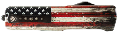Templar Knife Premium Weighted Small 3" OTF Dagger Plain Black Oxide Stonewashed Powder Coated D2 Steel Blade, 4.50" Painted Wood Grain US Flag Aluminum Zinc Alloy Handle