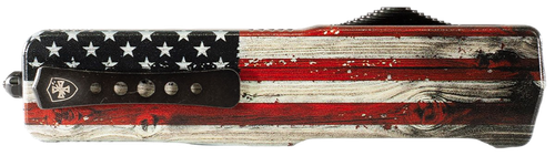 Templar Knife Premium Weighted Slim 3.16" OTF Drop Point Plain Black Oxide Stonewashed Powder Coated D2 Steel Blade, 4.93" Painted Wood Grain US Flag Aluminum Zinc Alloy Handle