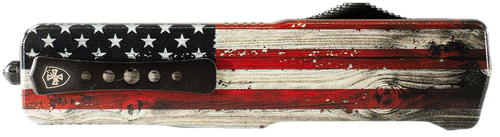 Templar Knife Premium Weighted Wood US Flag Slim 3" OTF Tanto Plain Black Oxide Stonewashed Powder Coated D2 Steel Blade, 4.50" Painted Wood Grain US Flag Aluminum Handle