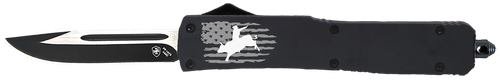 Templar Knife Gen II Eight Seconds Slim 3.43" OTF Drop Point Plain Black Oxide Stonewashed 440C SS Blade, 5.05" Black US Flag, Bull Rider Aluminum Handle, Glass Breaker