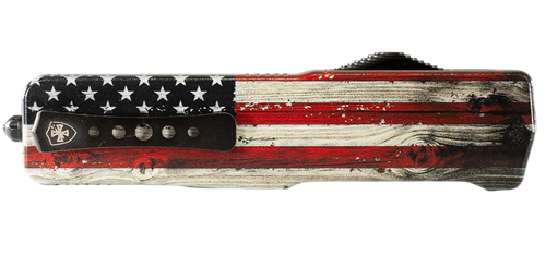 Templar Knife Premium Weighted Wood US Flag Slim 3" OTF Tanto Part Serrated Black Oxide Stonewashed Powder Coated D2 Steel Blade, 4.50" Painted Wood Grain US Flag Aluminum Zinc Alloy Handle