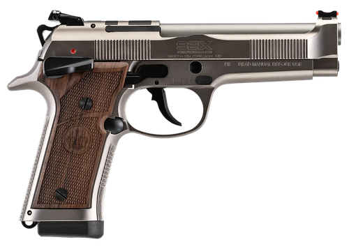 Beretta 92X Performance Defensive 9mm, 4.6" Barrel, Nickel/Stainless, Optics Ready, Manual Safety, Fiber Optic Front Sight, Walnut Grips, 2x10rd Mags