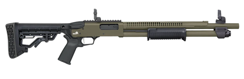 Mossberg 590R 12 Ga Pump 3" 6rd,18.50" Olive Drab Green Cerakote Heat Shield Barrel, Olive Drab Green Cerakote Steel Receiver, AR Mil-Spec Adjustable Black Stock, Black Polymer Magpul Grip