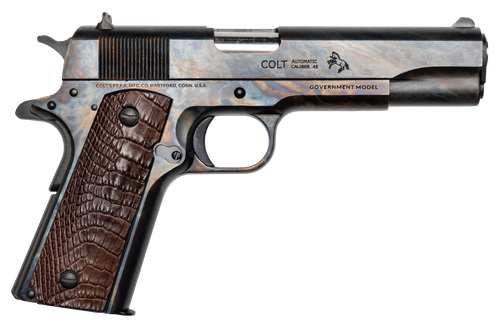 Cnc Firearms Colt Government Lineage 45 ACP 7rd 5" Stainless Match Grade Barrel, Color Case Hardened Stainless Steel Serrated Slide & Frame, Chocolate Alligator Grip