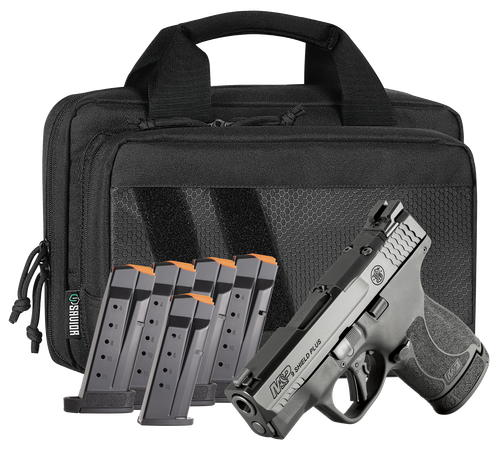Smith & Wesson M&P Shield Plus Bundle Compact Slim Frame 9mm 3.10" Barrel & Optic Ready/Serrated Slide, Black Polymer Frame, Black Textured Grip, Bag & 6 Mags