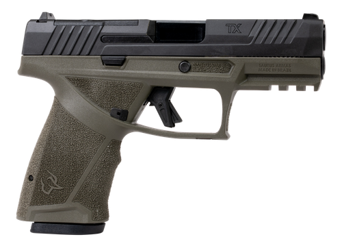 Taurus TX9 9mm, 4" Barrel, Nitride Finish, Olive Drab Green and Black, Drift Adjustable Rear Sight with Removable Front Sight, Optics Ready T.O.R.O. Slide, 15rd, 2 mags