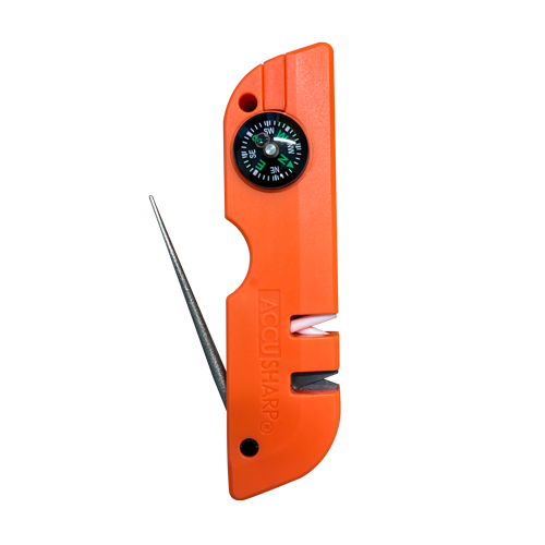 AccuSharp Outdoor Survival Tool, Orange, Multi-Tool, Tungsten Carbide Blades, (2)-Sharpening Slots, SOS Mirror, Compass, Fire-Starter, Emergency Whistle