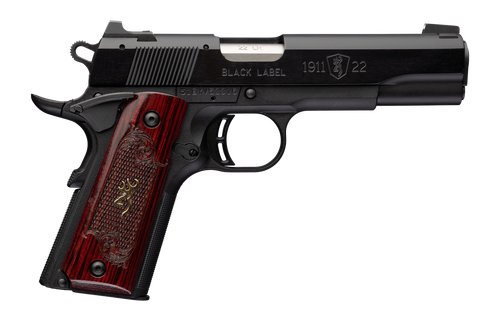 Browning 1911 Black Label Medallion Full Size Frame 22 LR 10rd,4.25" Matte Stainless Barrel, Black Anodized Aluminum Serrated Slide, Matte Black Polymer Frame Beavertail, Rosewood Gold B