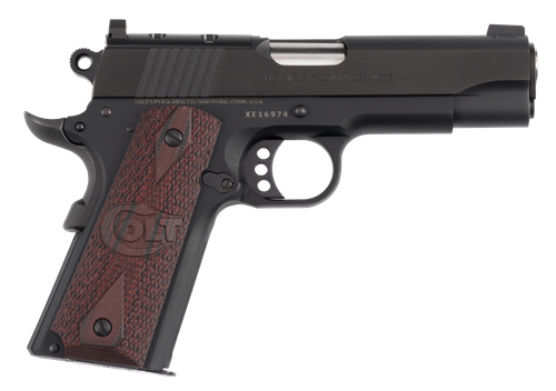 Colt 1911 Lightweight Commander 45 ACP, 4.25" Stainless Barrel, Matte Black Carbon Steel, Optic Ready-Serrated, Beavertail, Black Cherry G10 Grips, 8rd