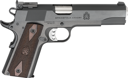 Springfield 1911 Garrison Full Size 9mm 9rd,5" Stainless Match Grade Barrel, Blued Carbon Steel Serrated Slide, Blued Carbon Steel Frame Beavertail, Thinline Wood Grip
