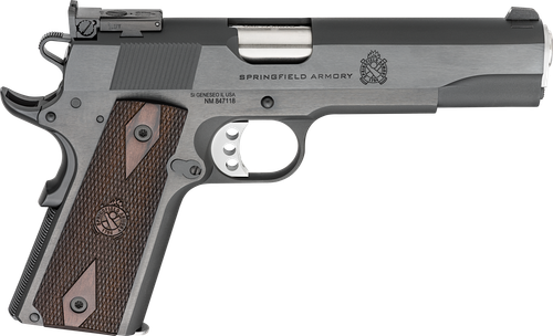 Springfield 1911 Garrison Full Size 45 ACP 7rd 5" Stainless Match Grade Barrel, Blued Carbon Steel Serrated Slide, Blued Carbon Steel Frame Beavertail, Thinline Wood Grip