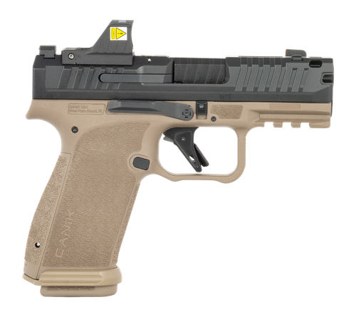 CANIK METE MC9 Prime MO1 Optic 9mm, 3.64" Comp Barrel, Blast Chamber, Flat Dark Earth, Black Slide, Night Sights, 2x17rd Mags