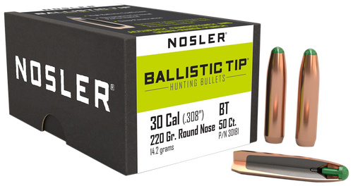 Nosler Ballistic Tip, .308 Diameter, 30 Caliber, 220gr, Spitzer Boat Tail, 50 Count -NOT AMMO-