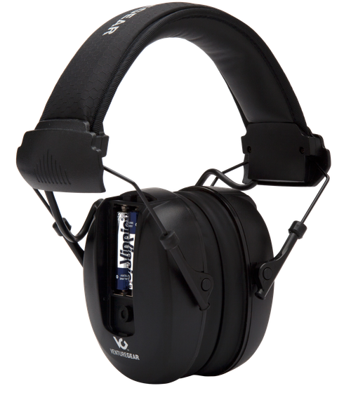 Pyramex Venture Gear Clandestine Electronic Muff 24 dB Over the Head Slim Profile Black Ear Cups with Black Headband for Adults 1 Pair Includes 2 AAA Batteries
