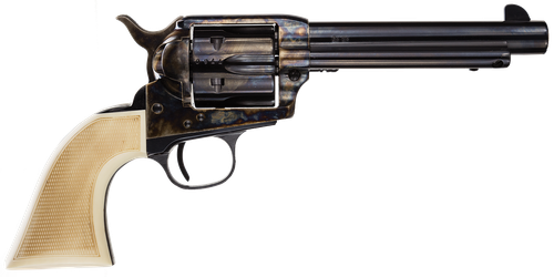 Taylors Marshal 45 Colt Caliber with 5.50" Blued Barrel, 6rd Capacity Blued Cylinder, Color Case Hardened Finish Steel Frame & Checkered White Grip