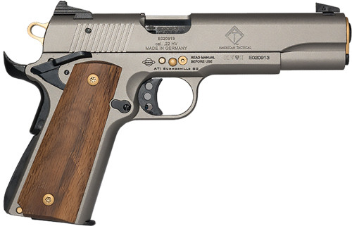 ATI GSG 1911 22LR, 5" Threaded Barrel, Frost Gray/Gold Accents Slide, Light Wood Grips, 10rd
