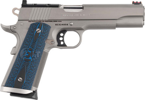 Colt's Manufacturing Gold Cup Trophy, 1911, Steel Frame , 45ACP, 5" Barrel, Polished, Silver, Blue G10 Grips, Black Serrated Rear Sight, Novak Night Front Sight, Optic Ready, Manual Safety, 8rd
