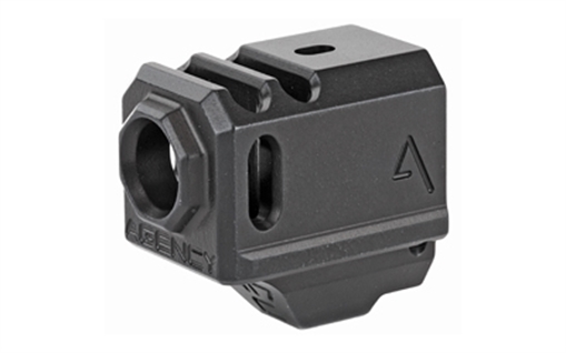 Agency Arms Glock 43 Compensator, Features two chamber design-2 vertical ports and 2 side venting ports, Front sight hole, Two set screws with an Allen Wrench and a vial of Rockset are included in package, Fits Glock 43, Standard 1/2 x 28 thread pitch, Bla