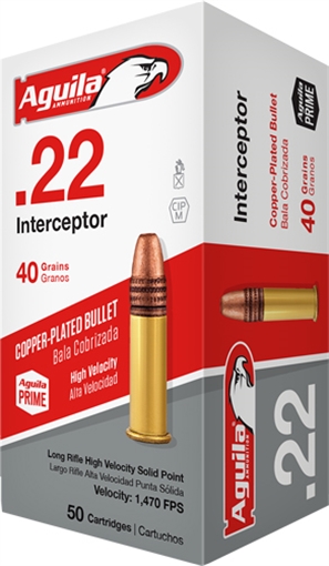 Aguila Ammunition .22 LR Interceptor Rifle Ammo - 40 Grain Copper Plated Solid Point 1000rd Case 1B220320