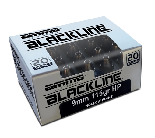 Ammo Inc BlackLine 9mm Luger Handgun Ammo - 115 Grain JHP 20rd Box 9115HP