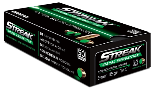 Ammo Inc STREAK Target 9mm Luger Handgun Ammo - 115 Grain | TMC | Green | 1000rd Case 9115TMC-STRK-GRN-50