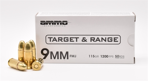 Ammo Inc Target and Range 9mm Luger Handgun Ammo - 115 Grain FMJ 50rd Box 9115FMJ-TR50