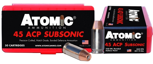 Atomic Ammunition Pistol Subsonic 45ACP 250gr Bonded Match Hollow Point 50 Per Box/10 Case 00439