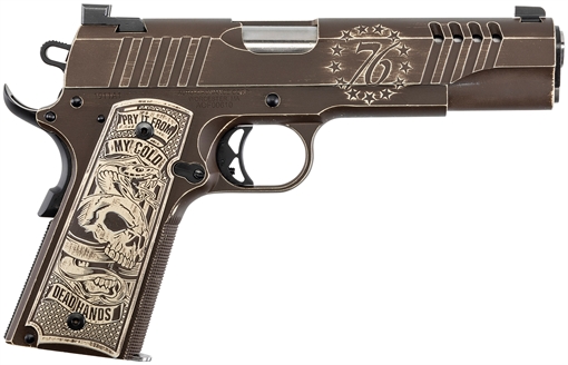 Auto Ordnance 1911, 1776 Special Edition, Semi-automatic, 1911, Full Size, Metal Frame, 45 ACP, 5" Barrel, Plum Brown Cerakote with Desert Sand Accents, Custom Engraving, Aluminum Custom Engraved Grips, Day Combat Sights, Manual Safety, 7 Rounds, 1 Magazin