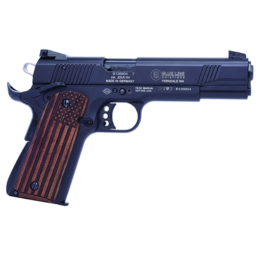 Mauser Rimfire 1911 22 LR 10+1 5" Black Steel Barrel, Black Serrated Aluminum Slide, Black Aluminum Frame w/Beavertail, Molded Wood Flag Grip, Ambidextrous 4110608