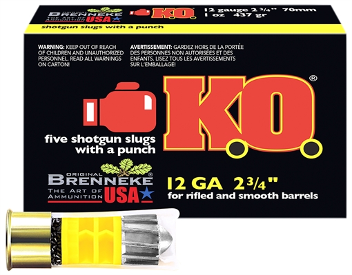 Brenneke K.O. 12Gauge 2.75" 1oz Slug Shot 5 Per Box/50 Case SL122KO