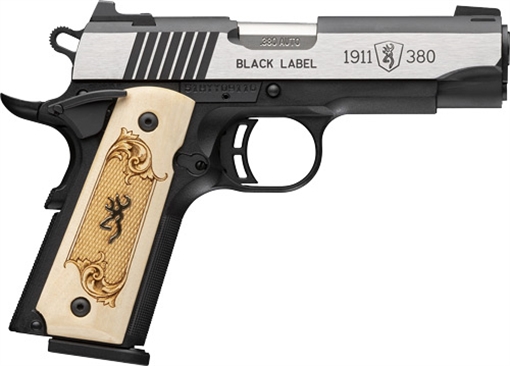 Browning Black Label, 1911, Single Action, Semi-automatic, Metal Frame Pistol, Compact Size, 380 ACP, 3.6" Barrel, Stainless Finish, Silver, Black Frame, Maple Medallion Checkered Grips, 3 Dot Sights, 10 Rounds, 2 Magazines 051999492