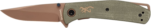 Browning Trailside EDC Small 3" Folding Modified Drop Point Plain Titanium Finish D2 Steel Blade, Green Micarta Handle 3220516