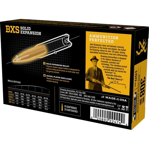 Browning Max Point Rifle Ammunition .308 Win 150gr BXS 2820 fps 20/ct B192403081