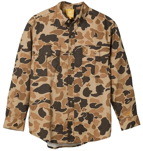 Browning Wasatch-CB Shirt Button-Front 2 Pocket Vintage Tan Camo S 3017801201