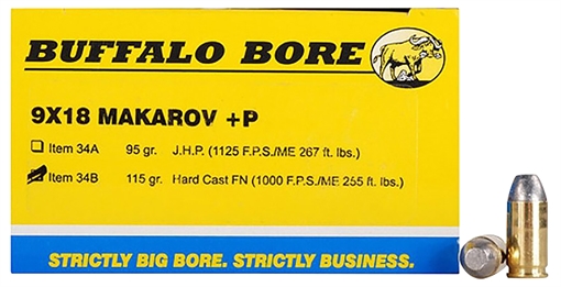 Buffalo Bore Ammunition Personal Defense Strictly Business 9x18Makarov +P 115gr Hard Cast Flat Nose 20 Per Box/12 Case 34B20