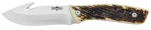 Camillus Western Crosstrail 4.25" Fixed Gut Hook Plain Silver 420 Steel Titanium Bonded Blade, Stag/Antler Delrin Handle, Includes Belt Loop/Sheath 19247