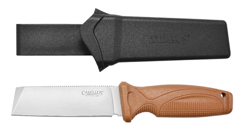 Camillus Swedge, Fixed Blade Knife, Plain Edge, Tan ABS Handle, Satin Finish, Silver, Chisel Point, 4.3" Blade Length, 8.5" Overall Length, 420 Stainless Steel Blade, Includes Polymer Sheath CAM-19627