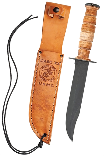 Case USMC 7" Fixed Clip Point Plain Blackened 1095 Carbon Steel Blade Grooved Leather Handle 00334